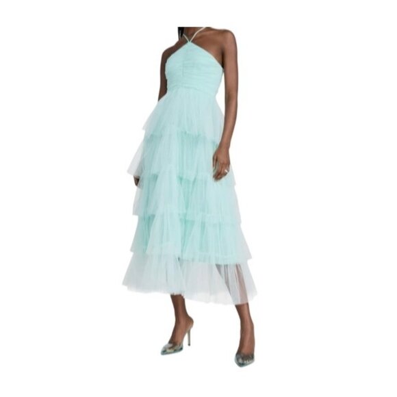 Likely Tulle Halter Midi Dress With Tiered Ruffle Layers & Ruched Womens Size 6 - Picture 1 of 9